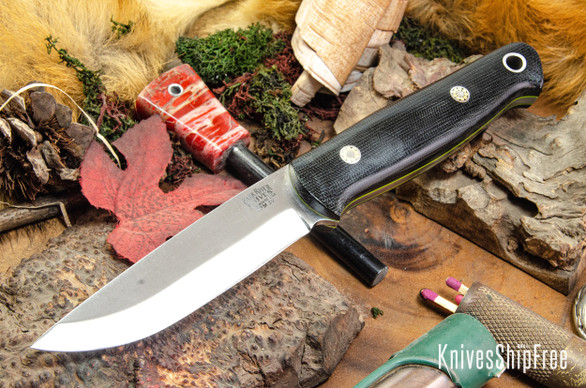 Bark River Knives: Bushcrafter II - CPM 3V - Black Canvas Micarta - Toxic Green Liners - Mosaic Pins