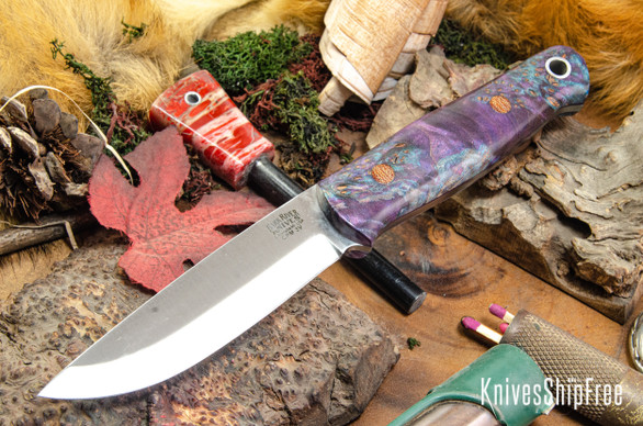 Bark River Knives: Bushcrafter II - CPM 3V - Purple Maple Burl - Purple Liner - Natural Pins