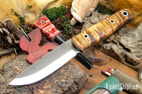 Bark River Knives: Bushcrafter II - CPM 3V - Dark Curly Maple - Black Liners - Hollow Pins