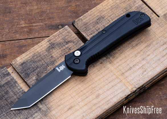 HK Knives: Mini-Entourage Prototype - Push Button Auto - Black Aluminum - Black Tanto Blade - 440C