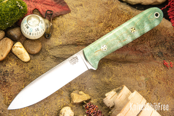 Bark River Knives: Mini Kephart - CPM 3V - Green Tigertail Maple Burl - White Liners - Mosaic Pins