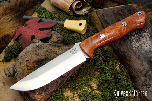 Bark River Knives: Bravo 1.25 LT - CPM 3V - Amboyna Burl - Red Liners - Mosaic Pins