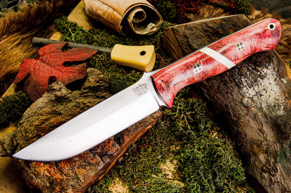 Bark River Knives: Bravo 1.25 LT - CPM 3V - Red & White Maple Burl - White Spacer - Thick White Liners - Mosaic Pins