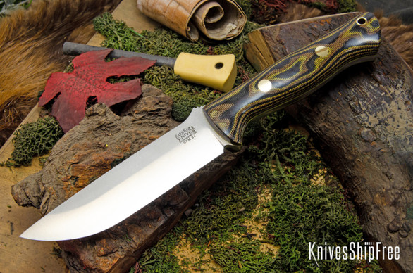 Bark River Knives: Bravo 1.25 LT - CPM 3V - Snakeskin Burgundy Canvas Micarta - Yellow Liners - Brass Pins