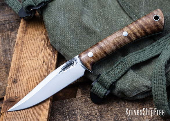 Lon Humphrey Knives: Minuteman - Forged 52100 - Dark Curly Maple - Black Liners - LH28DI012