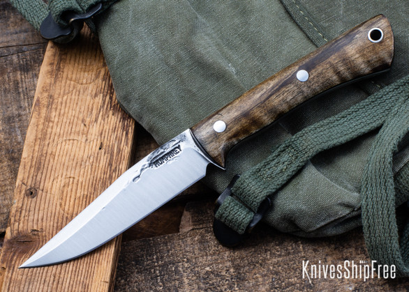 Lon Humphrey Knives: Minuteman - Forged 52100 - Dark Curly Maple - Black Liners - LH28DI016