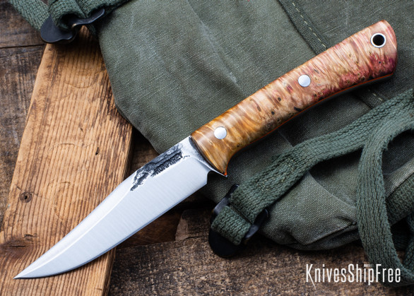 Lon Humphrey Knives: Minuteman - Forged 52100 - Double Dyed Box Elder Burl - Orange Liners - LH28DI132