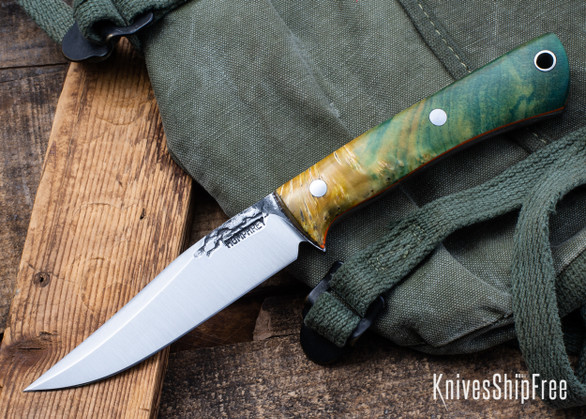 Lon Humphrey Knives: Minuteman - Forged 52100 - Double Dyed Box Elder Burl - Orange Liners - LH28DI140