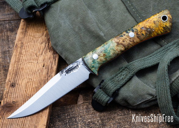 Lon Humphrey Knives: Minuteman - Forged 52100 - Double Dyed Box Elder Burl - Orange Liners - LH28DI143