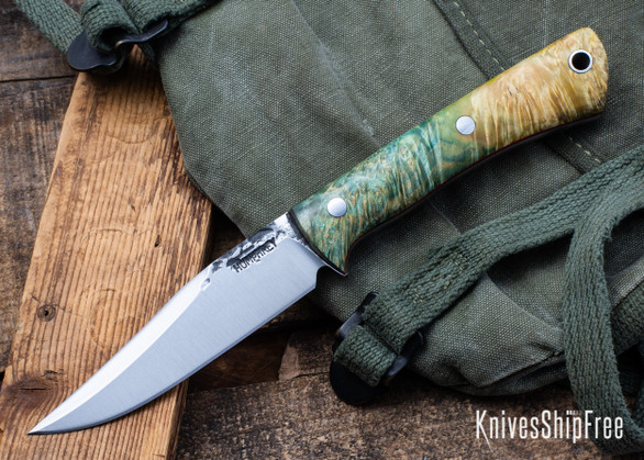 Lon Humphrey Knives: Minuteman - Forged 52100 - Double Dyed Box Elder Burl - Red Liners - LH28DI147