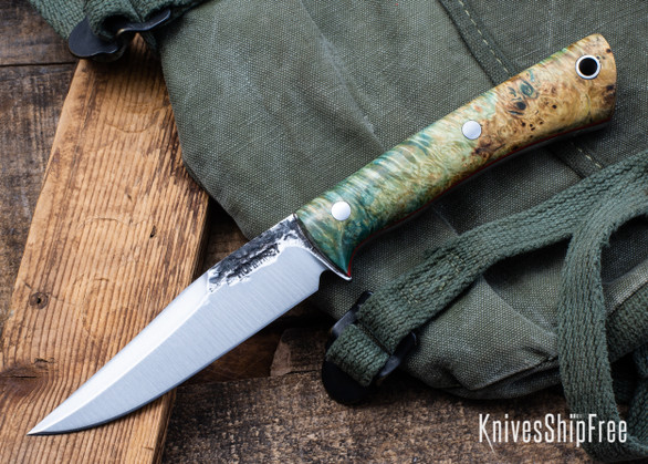 Lon Humphrey Knives: Minuteman - Forged 52100 - Double Dyed Box Elder Burl - Red Liners - LH28DI148