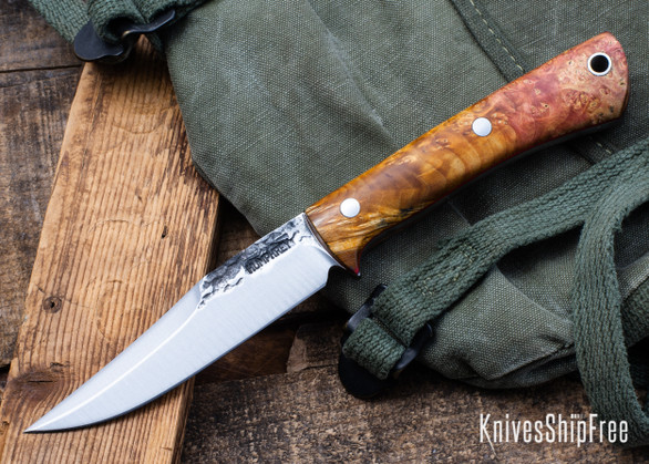 Lon Humphrey Knives: Minuteman - Forged 52100 - Double Dyed Box Elder Burl - Red Liners - LH28DI153