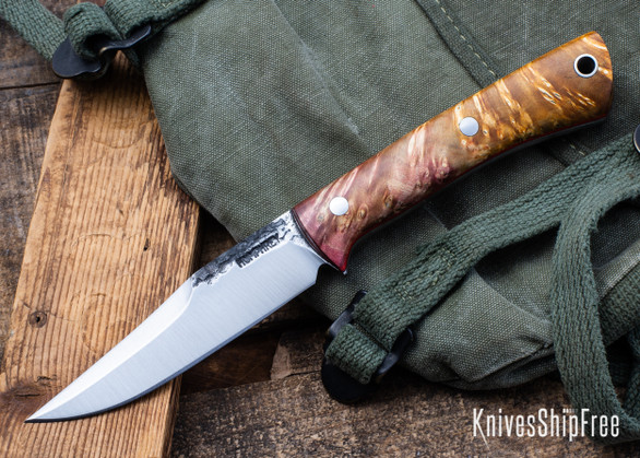 Lon Humphrey Knives: Minuteman - Forged 52100 - Double Dyed Box Elder Burl - Red Liners - LH28DI158