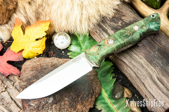 Bark River Knives: Bravo 1 - Rampless - Green & Tan Maple Burl - Mosaic Pins #2