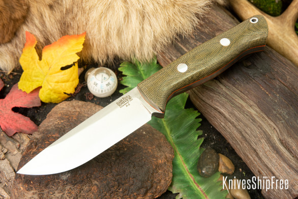 Bark River Knives: Bravo 1 - Rampless - Green Canvas Micarta - Orange Liners