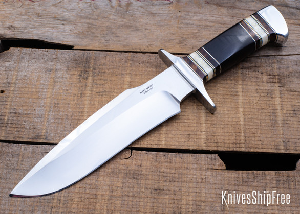 Alan Warren Custom Knives: #2529 Camp Bowie - African Blackwood w/Fossilized Walrus - Ironwood Burl, Black G10, Nickel Silver & Brass Accents - CPM-154