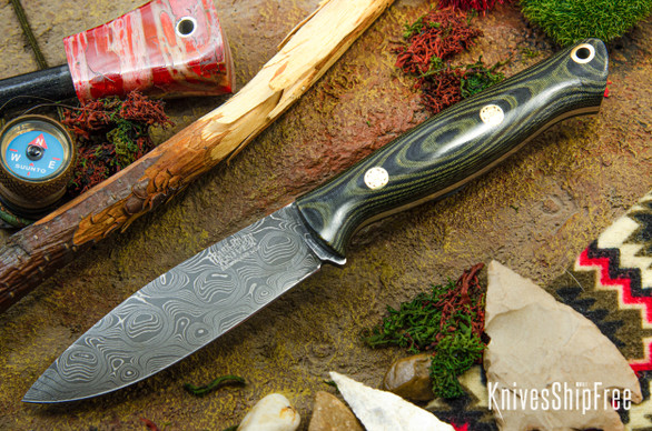 Bark River Knives: UP EDC - Black & Green Linen Micarta - Black Liners - Mosaic Pins - Virus Damascus