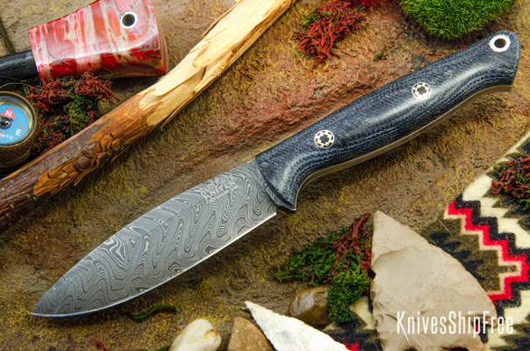 Bark River Knives: UP EDC - Blue Denim Micarta - White Liners - Mosaic Pins - Boomerang Damascus