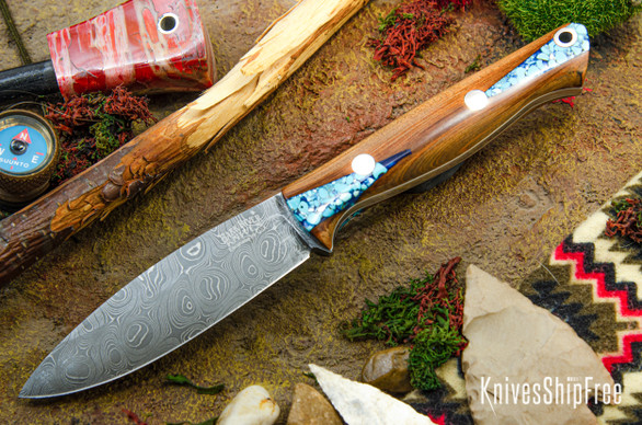 Bark River Knives: UP EDC - Blue Texas Fencepost - White Liners - Virus Damascus