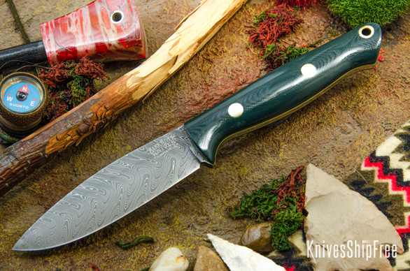 Bark River Knives: UP EDC - Forest Green G-10 - Yellow Liners - Brass Pins - Boomerang Damascus