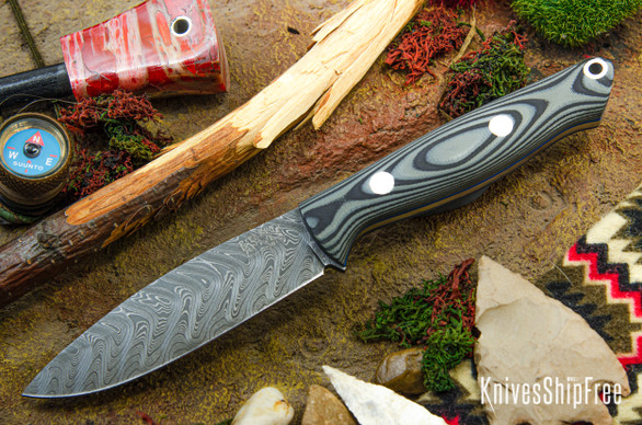 Bark River Knives: UP EDC - Gray & Black Suretouch - Matte - Blue Liners - Boomerang Damascus