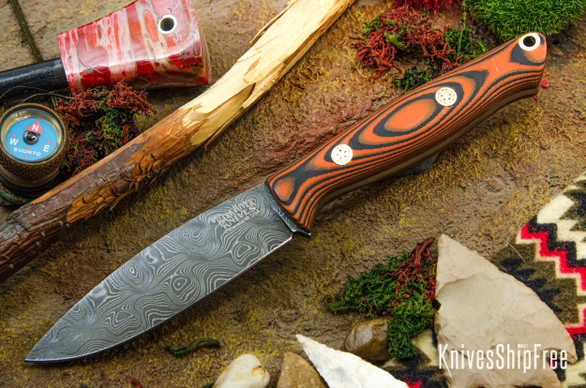 Bark River Knives: UP EDC - Orange & Black Suretouch - Matte - Mosaic Pins - Virus Damascus