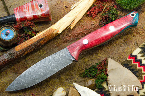 Bark River Knives: UP EDC - Red & Teal Maple Burl - Boomerang Damascus