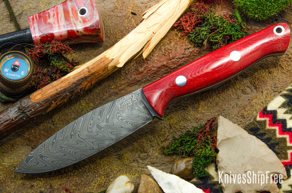 Bark River Knives: UP EDC - Red Linen Micarta - White Liners - Boomerang Damascus