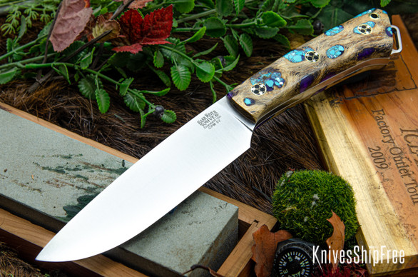 Bark River Knives: Fox River II LT - CPM 3V - Cholla Cactus with Turquoise - White Liners - Mosaic Pins