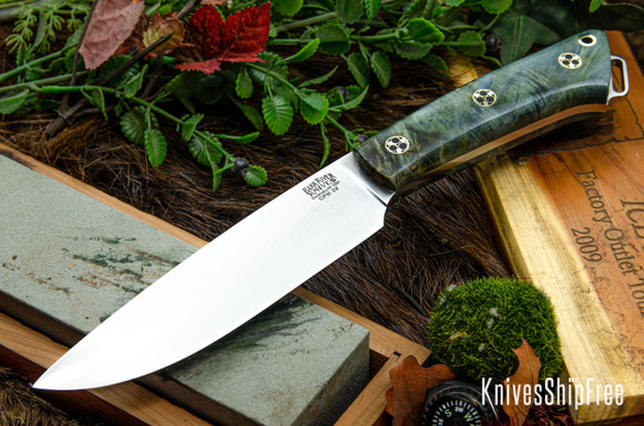 Bark River Knives: Fox River II LT - CPM 3V - Sky Blue & Green Maple Burl - Mosaic Pins