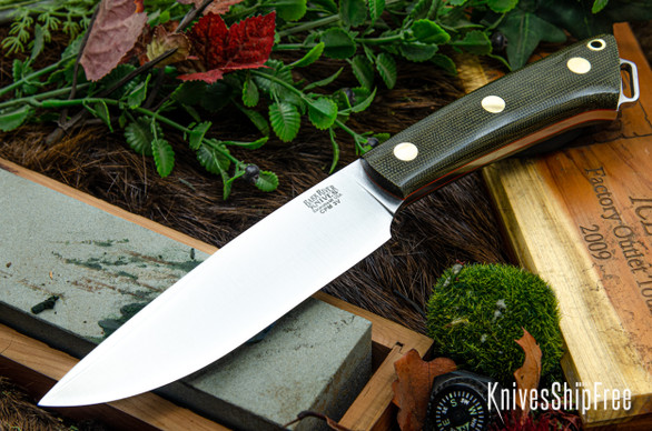 Bark River Knives: Fox River II LT - CPM 3V - Green Canvas Micarta - Orange Liners - Brass Pins Swedge