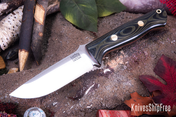 Bark River Knives: Bravo 1 - CPM CruWear - Black & Green Linen Micarta - Orange Liners - Brass Pins