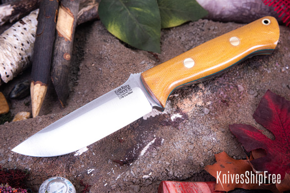 Bark River Knives: Bravo 1 - CPM CruWear - Natural Canvas Micarta - Green Liners - Brass Pins