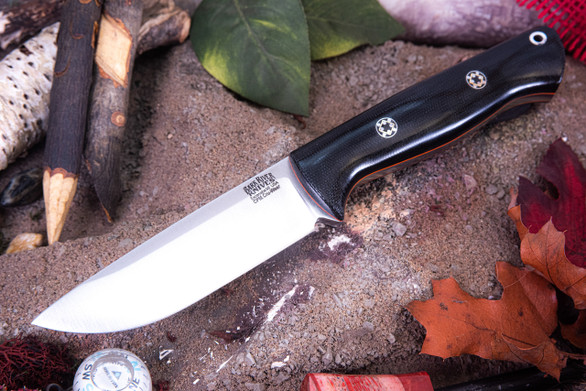 Bark River Knives: Bravo 1 - CPM CruWear - Rampless - Black Canvas Micarta - Orange Liners - Mosaic Pins