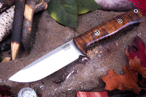 Bark River Knives: Bravo 1 - CPM CruWear - Rampless - Dark Curly Maple - Black Liners - Mosaic Pins #1