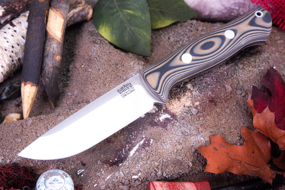 Bark River Knives: Bravo 1 - CPM CruWear - Rampless - Brown & Black Suretouch - White Liner