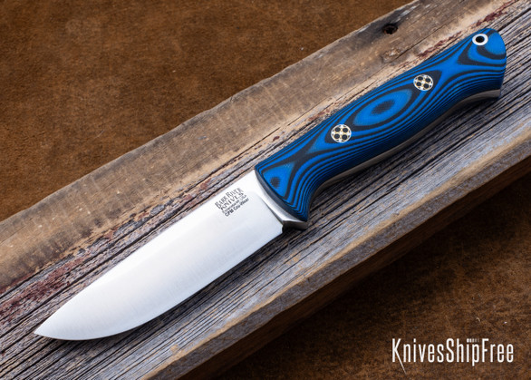 Bark River Knives: Bravo 1 - CPM CruWear - Rampless - Blue & Black Suretouch - Matte - Black Liner - Mosaic Pins