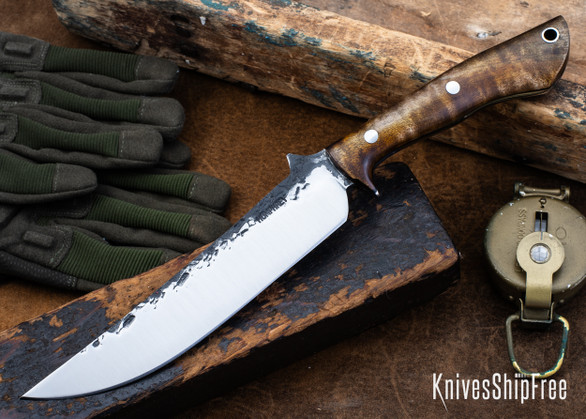 Lon Humphrey Knives: Viper - Forged 52100 - Dark Curly Maple - Black Liners - LH24HI070