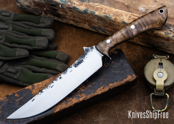 Lon Humphrey Knives: Viper - Forged 52100 - Dark Curly Maple - Black Liners - LH24HI091