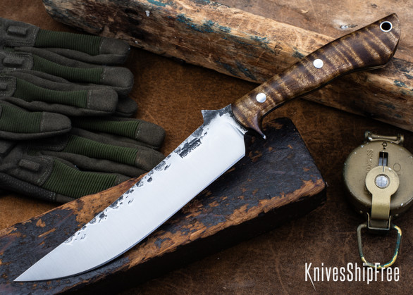 Lon Humphrey Knives: Viper - Forged 52100 - Dark Curly Maple - Black Liners - LH24HI097