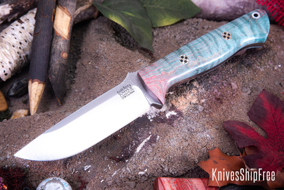 Bark River Knives: Bravo 1 - CPM CruWear - Rampless - Red & Teal Tigertail Maple Burl - Mosaic Pins