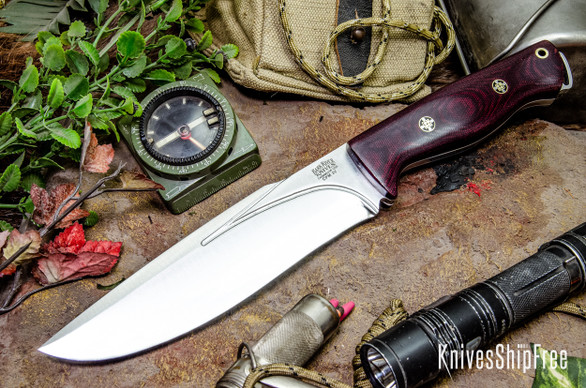 Bark River Knives: Bravo Strike Force II - CPM 3V - Burgundy Canvas Micarta - White Liners - Mosaic Pins