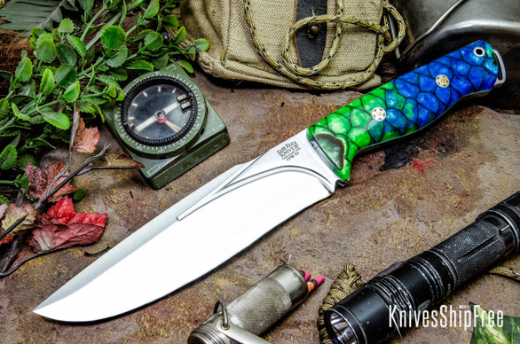 Bark River Knives: Bravo Strike Force II - CPM 3V - Borealis Dragon Scale - Sea Blue Liners - Mosaic Pins