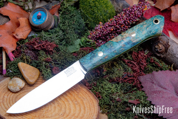 Bark River Knives: Little Creek II - CPM MagnaCut - Blue & Green Maple Burl - Toxic Green Liners - Brass Pins