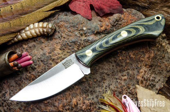 Bark River Knives: Iron River MagnaCut - Black & Green Linen Micarta - Orange Liners - Brass Pins