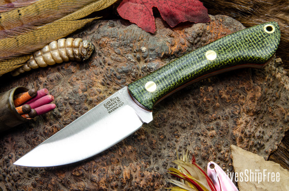 Bark River Knives: Iron River MagnaCut - Evergreen Burlap Micarta - Orange Liners - Brass Pins