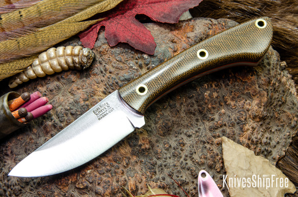 Bark River Knives: Iron River MagnaCut - Green Canvas Micarta - Orange Liners - Hollow Brass Pins