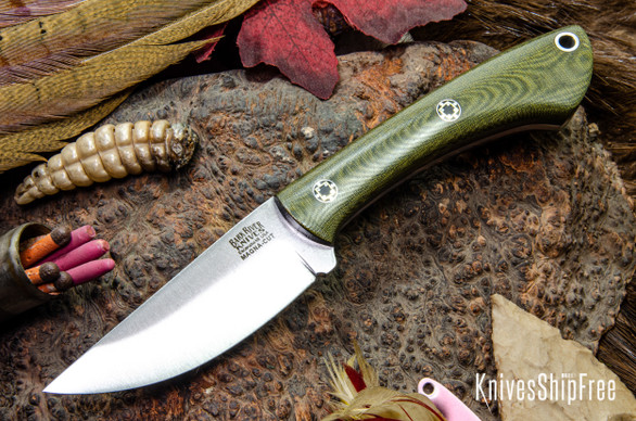 Bark River Knives: Iron River MagnaCut - Green Linen Micarta - Black Liners - Mosaic Pins