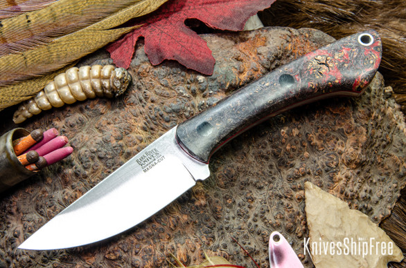 Bark River Knives: Iron River MagnaCut - Hellfire Maple Burl - Red Liners - Black Pins