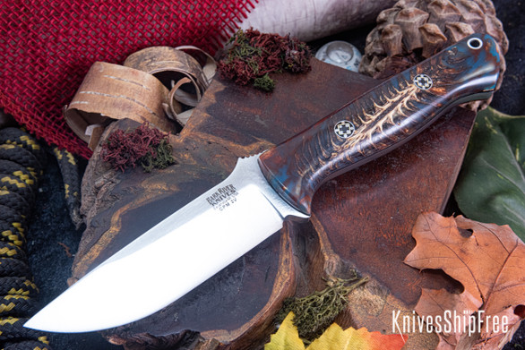 Bark River Knives: Bravo 1 - CPM 3V - Blue & Copper Pinecone - Black Liners - Mosaic Pins